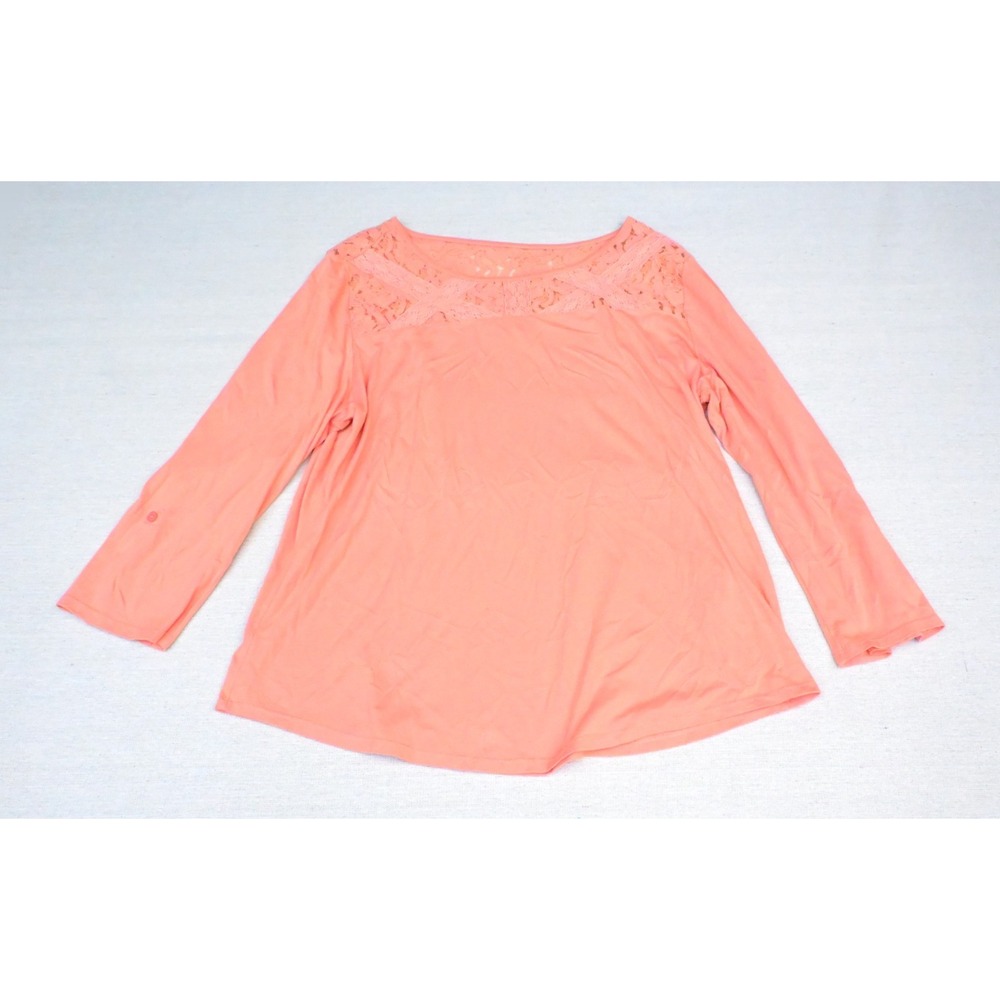 Chicos Womens 2 L Coral Cotton Knit Top Lace Yoke Crisscross Band 3/4 Sleeve